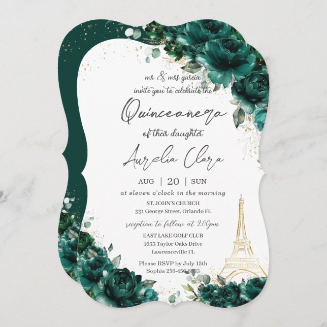 Invitación Quinceañera 15 Emerald Green Floral Eiffel París (Anverso / Reverso)