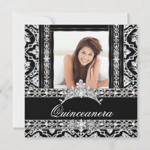 Invitación Quinceañera 15 Fiesta Negro Blanco Damask Diamante