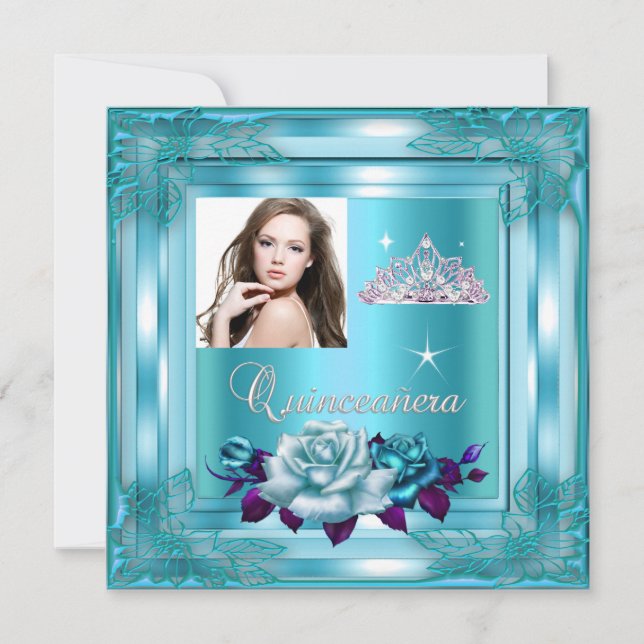 Invitación Quinceanera 15 Fiestas Rosas Verde azulados azules (Anverso)