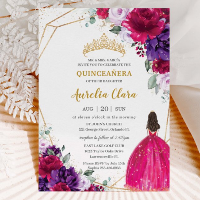 Invitación Quinceañera 15 Fuchsia Vestido Morado Lilac Floral (Subido por el creador)
