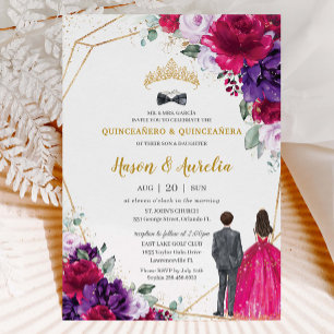 Invitación Quinceañera 15 Gemelos Florales de Lino Púrpura