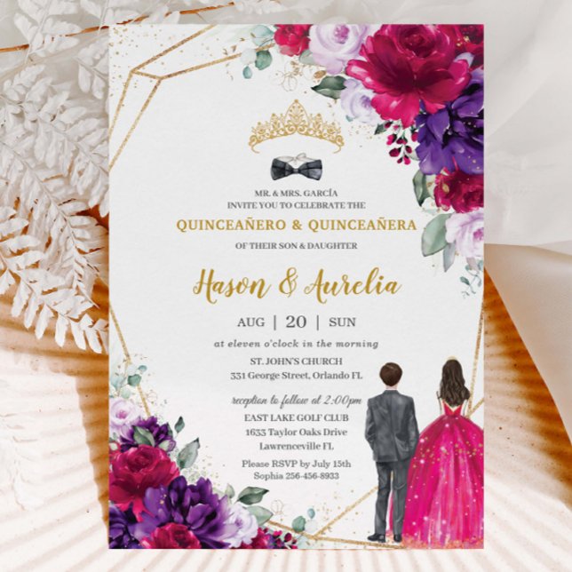 Invitación Quinceañera 15 Gemelos Florales de Lino Púrpura (Subido por el creador)