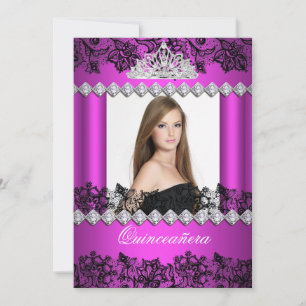 Invitación Quinceañera 15 Lace Foto Rosa Fucsia Negro Blanco