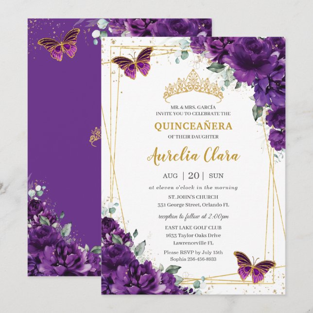 Invitación Quinceañera 15 Mariposa Floral Morada Oscura (Anverso / Reverso)