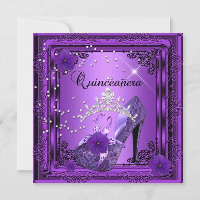 Invitación Quinceanera 15 Partido de Cumpleaños Morado Negro (Anverso)