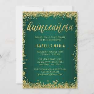 Invitación Quinceanera 15. Purpurina de oro verde esmeralda
