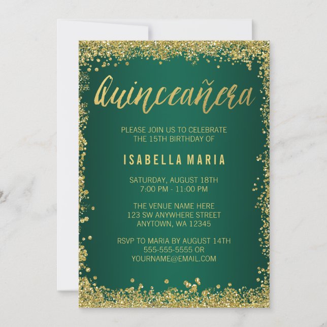 Invitación Quinceanera 15. Purpurina de oro verde esmeralda (Anverso)