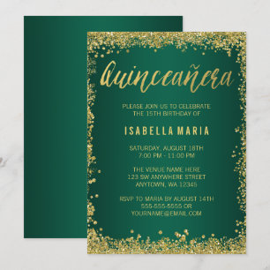 Invitación Quinceanera 15. Purpurina de oro verde esmeralda