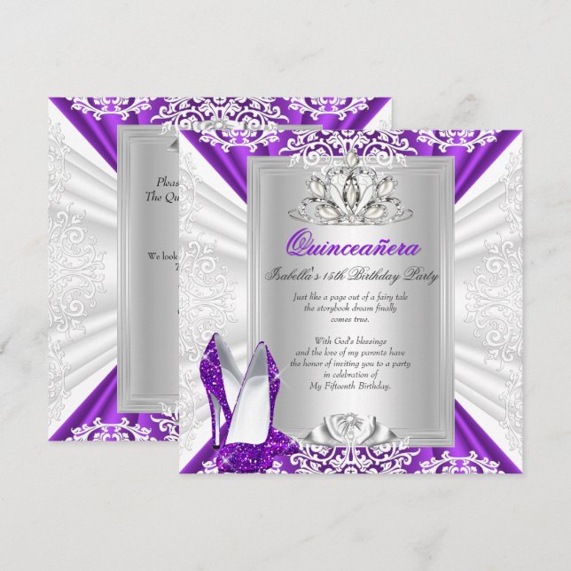 Invitación Quinceanera 15 Purpurina del partido de cumpleaños (Anverso / Reverso)
