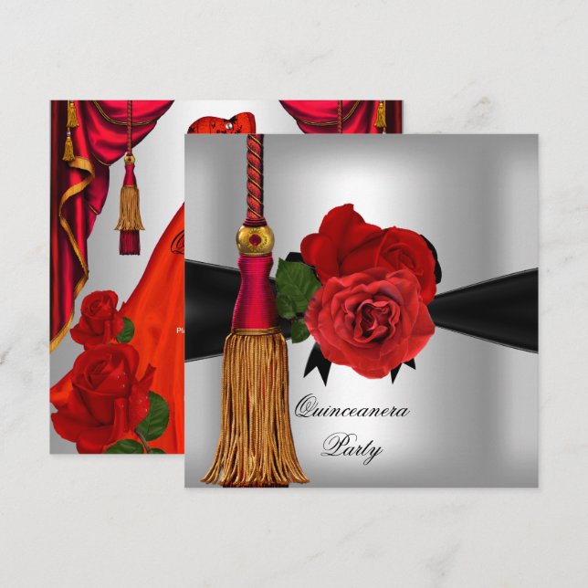 Invitación Quinceanera 15 rosa de Plata Roja (Anverso / Reverso)