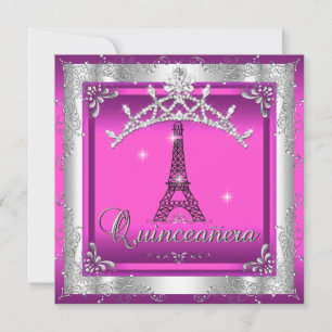 Invitación Quinceañera 15 Rosa Plata Tiara Torre Eiffel
