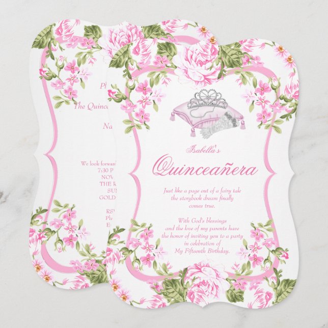 Invitación Quinceañera 15 Rosas Flores Rosadas Dulces (Anverso / Reverso)