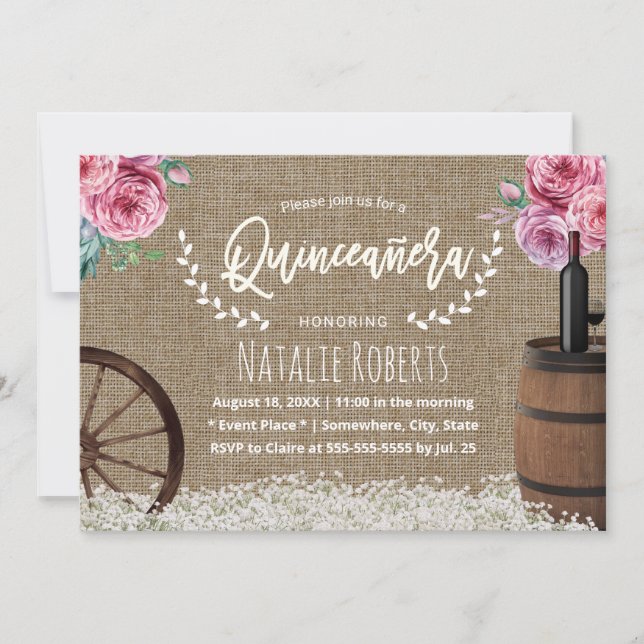 Invitación Quinceanera 15 Rústica Burlap Barrel Floral (Anverso)
