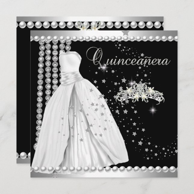 Invitación Quinceanera 15 Tiara Gown Black Silver White (Anverso / Reverso)