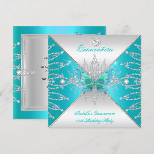 Invitación Quinceañera 15 Tiara Mariposa Plateada Verde Turqu