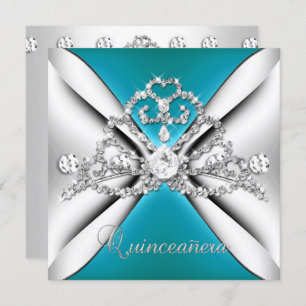 Invitación Quinceanera 15 Tiara Plata Azul Verde azulado Blan
