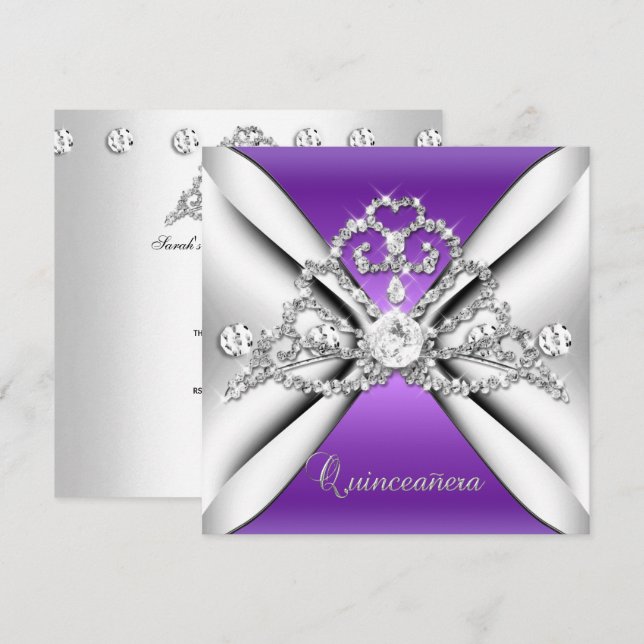 Invitación Quinceanera 15 Tiara Plata Púrpura Blanco (Anverso / Reverso)