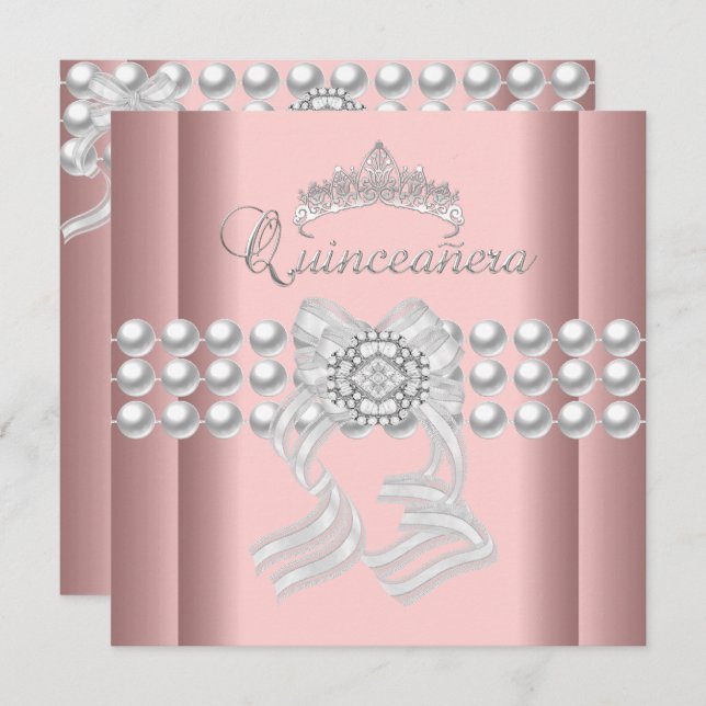 Invitación Quinceanera 15 Tiara Plata Rosa Perla Blanca Rosa (Anverso / Reverso)