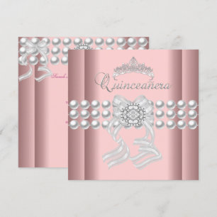 Invitación Quinceañera 15 Tiara Rosa Plata Perla Blanca Rosa