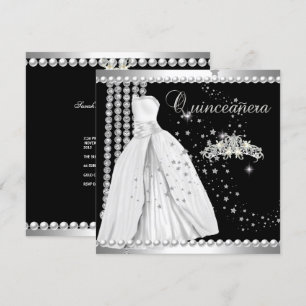 Invitación Quinceañera 15 Tiara Vestido Negro Plata Blanco