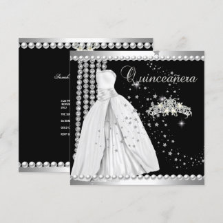 Invitación Quinceañera 15 Tiara Vestido Negro Plata Blanco