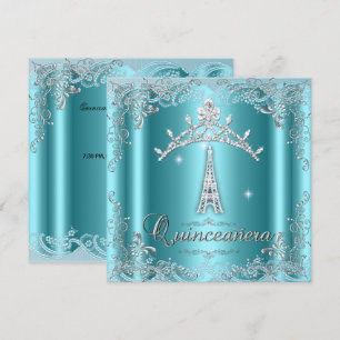 Invitación Quinceañera 15 Turquesa Azul Plata Tiara Torre Eif