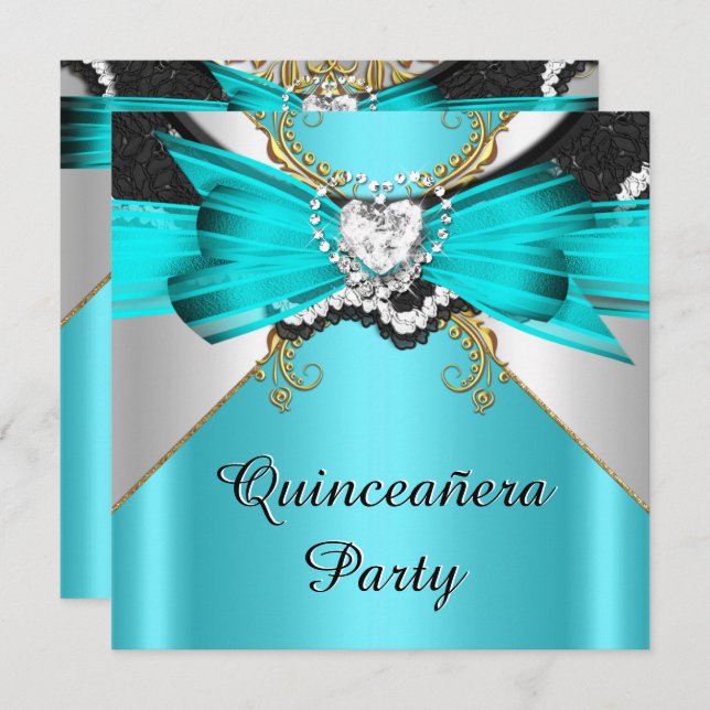 Invitación Quinceanera 15 Verde azulada Fiesta con joyas de e (Anverso / Reverso)
