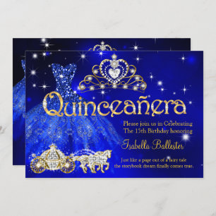 Invitación Quinceanera 15 Vestido azul de cumpleaños Tiara Ca