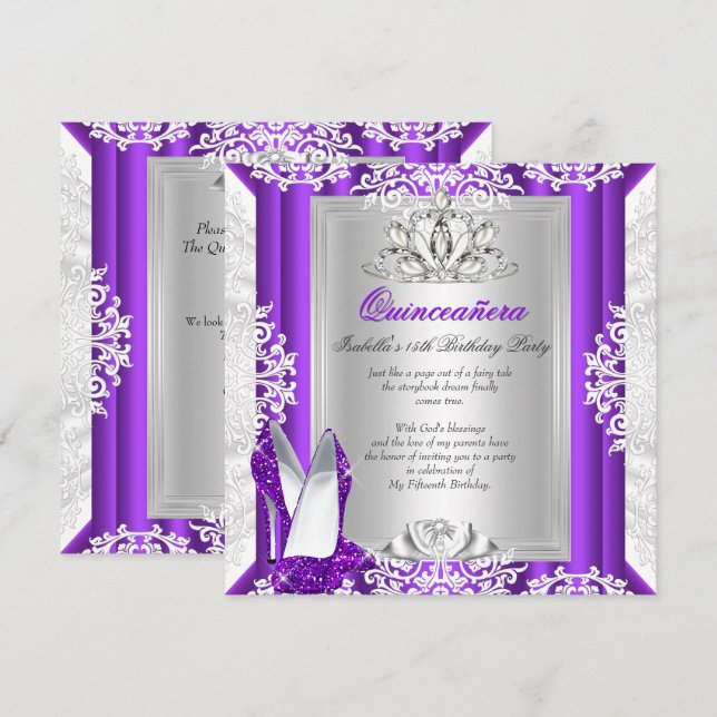 Invitación Quinceanera 15 zapatos morados de Purpurina del pa (Anverso / Reverso)
