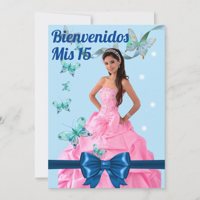 Invitación  QUINCEAÑERA 15th BIRTHDAY CARD, BLUE BUTTERFLY (Anverso)