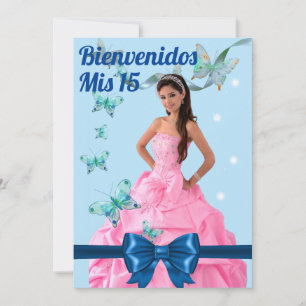 Invitación  QUINCEAÑERA 15th BIRTHDAY CARD, BLUE BUTTERFLY