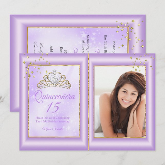 Invitación Quinceanera 15th Birthday Lilac Purple Gold Photo (Anverso / Reverso)