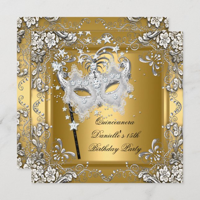 Invitación Quinceanera 15th Birthday Masquerade Mask Gold (Anverso / Reverso)