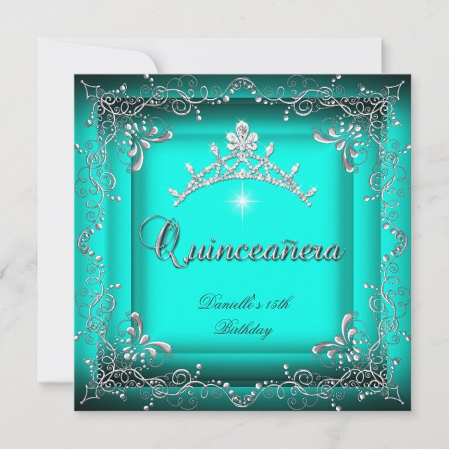 Invitación Quinceanera 15th Birthday Party Blue Tiara Silver (Anverso)