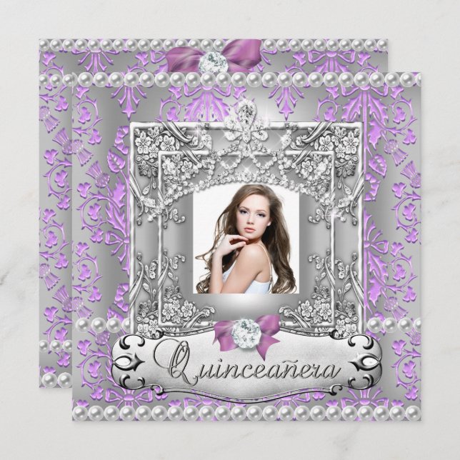 Invitación Quinceanera 15th Birthday Party Damask Lilac (Anverso / Reverso)
