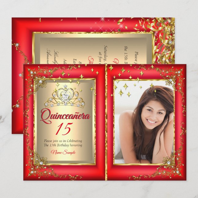 Invitación Quinceanera 15th Birthday Party Gold Red Photo (Anverso / Reverso)