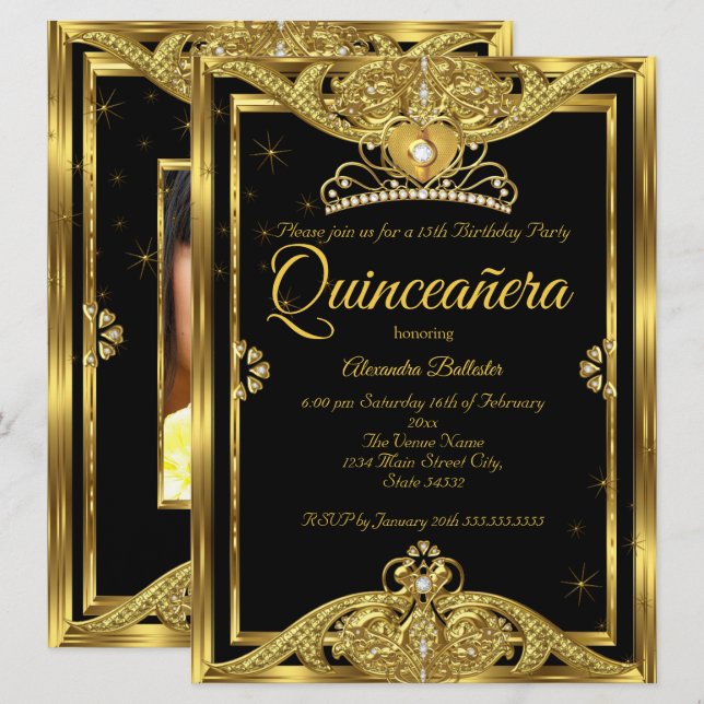 Invitación Quinceanera 15th Birthday Party Photo Gold Black (Anverso / Reverso)