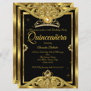 Invitación Quinceanera 15th Birthday Party Photo Gold Black