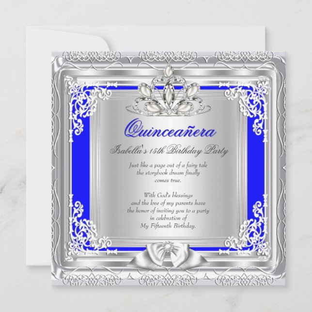 Invitación Quinceanera 15th Birthday Party Plata Azul (Anverso)