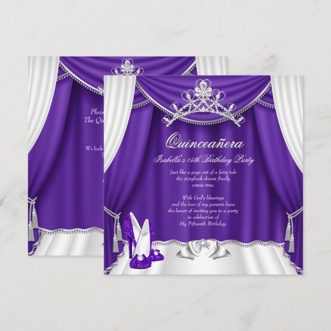 Invitación Quinceanera 15th Birthday Party Purple Heels Tiara (Anverso / Reverso)