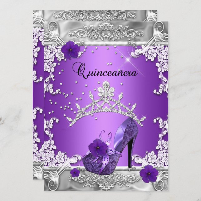 Invitación Quinceanera 15th Birthday Party Purple Silver (Anverso / Reverso)