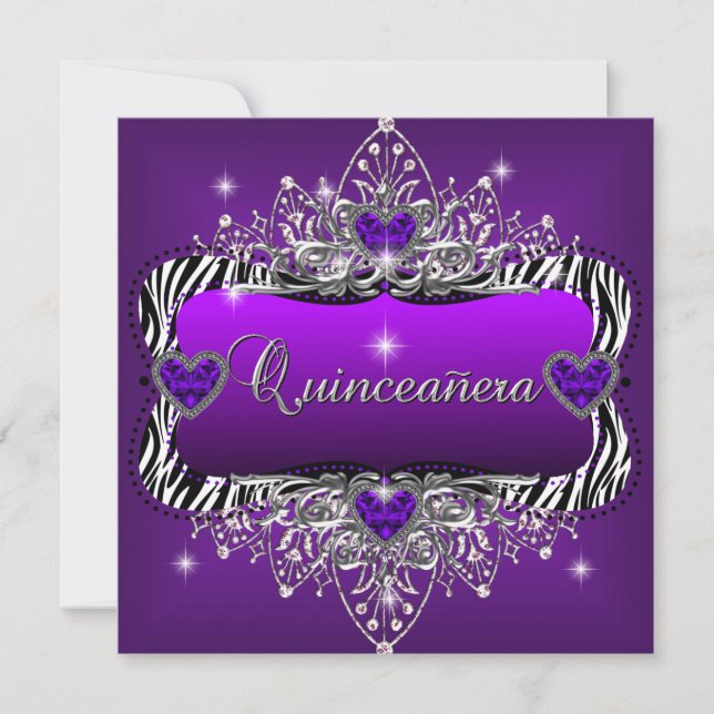 Invitación Quinceanera 15th Birthday Party Purple Zebra Black (Anverso)