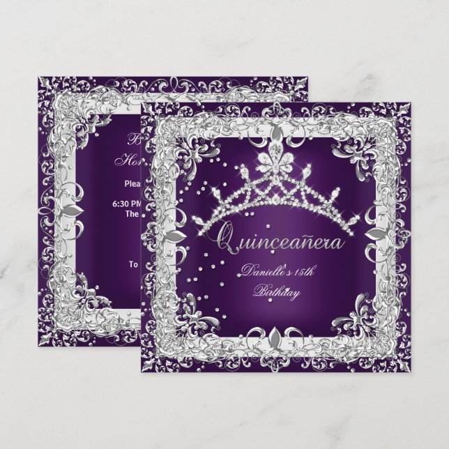 Invitación Quinceanera 15th Birthday Party Silver Purple (Anverso / Reverso)