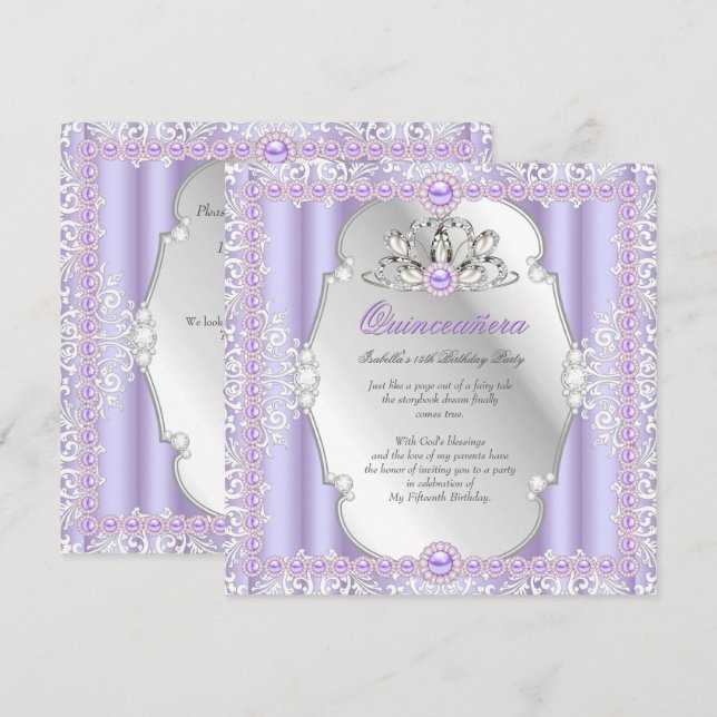 Invitación Quinceanera 15th Birthday Pearl Purple Silver (Anverso / Reverso)