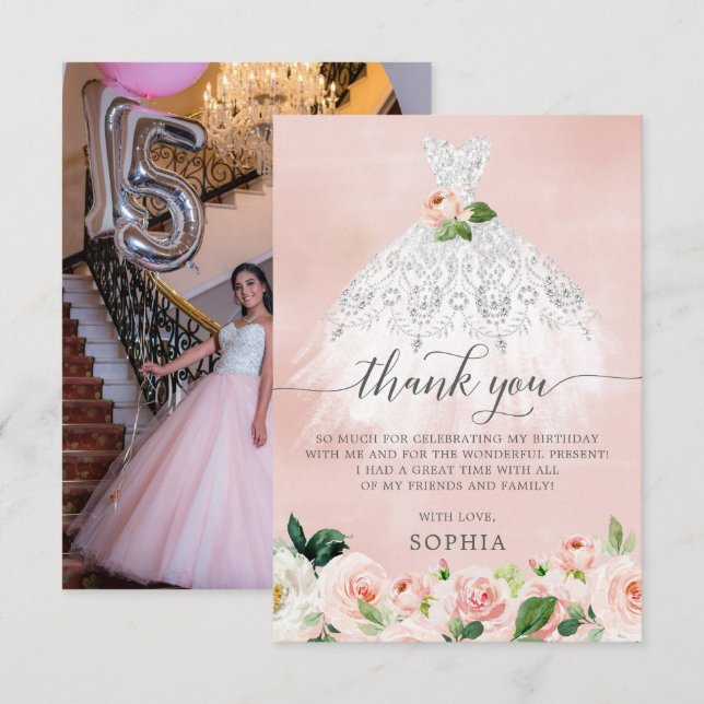 Invitación Quinceanera 15th Birthday (Tarjeta de agradecimien (Anverso / Reverso)