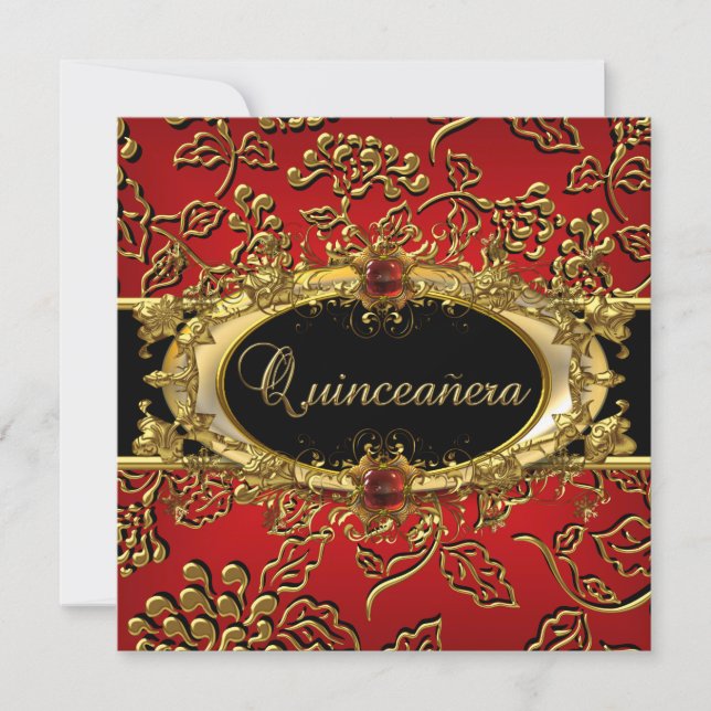 Invitación Quinceanera 15th Damask Red Gold Black (Anverso)