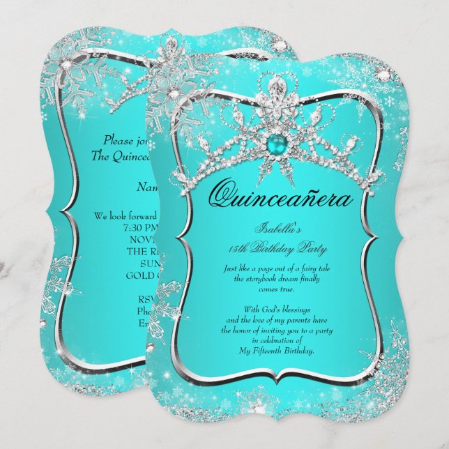 Invitación Quinceanera 15th Winter Wonderland Aqua Pearl (Anverso / Reverso)