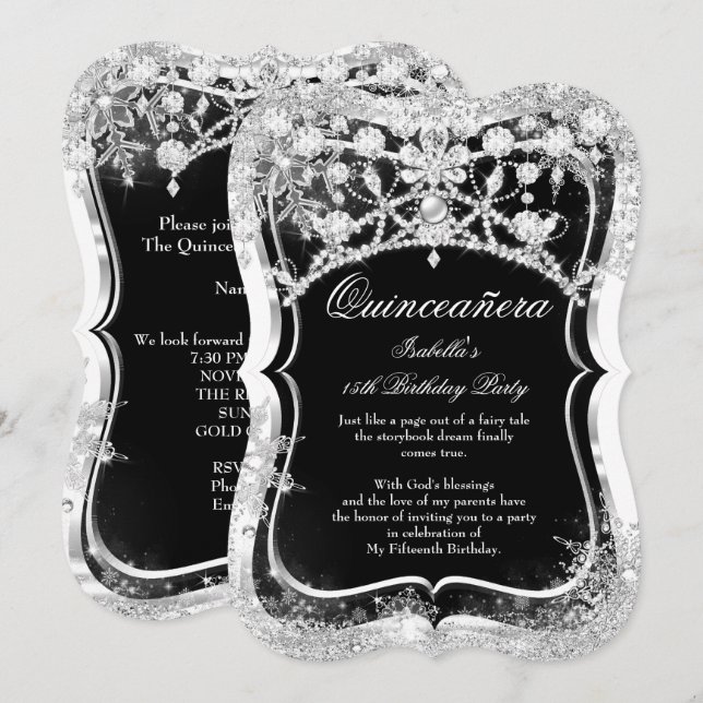 Invitación Quinceanera 15th Winter Wonderland Black Silver (Anverso / Reverso)
