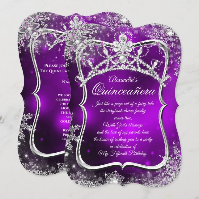 Invitación Quinceanera 15th Winter Wonderland Plata Púrpura (Anverso / Reverso)