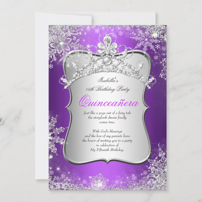 Invitación Quinceanera 15th Winter Wonderland Plata Púrpura (Anverso)